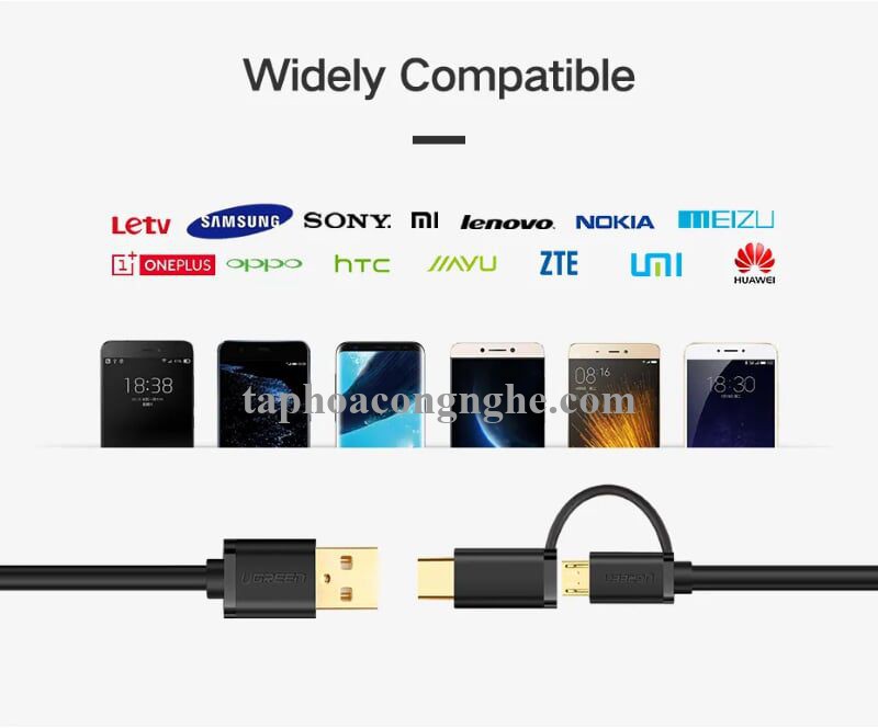 Ugreen 30173 0.5M màu Đen Thiết bị chuyển đổi USB 2.0 sang type-C và micro USB US142 30030173